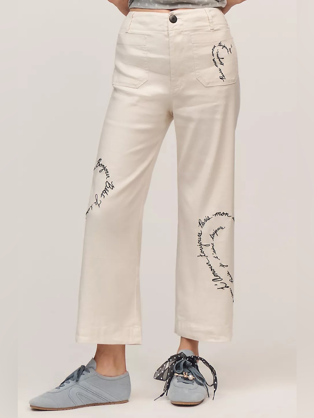 NWT Size 26 - The Colette Linen-Blend Love Notes embroidery Trousers (US$158)